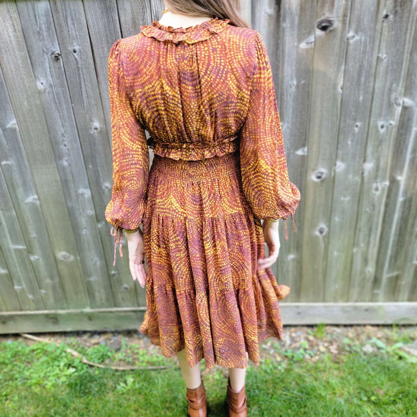 Stellah NYC  - Texture Ruffle Trim Dress - Sand Garden Print, CLOTHING, Stellah, Plum Bottom