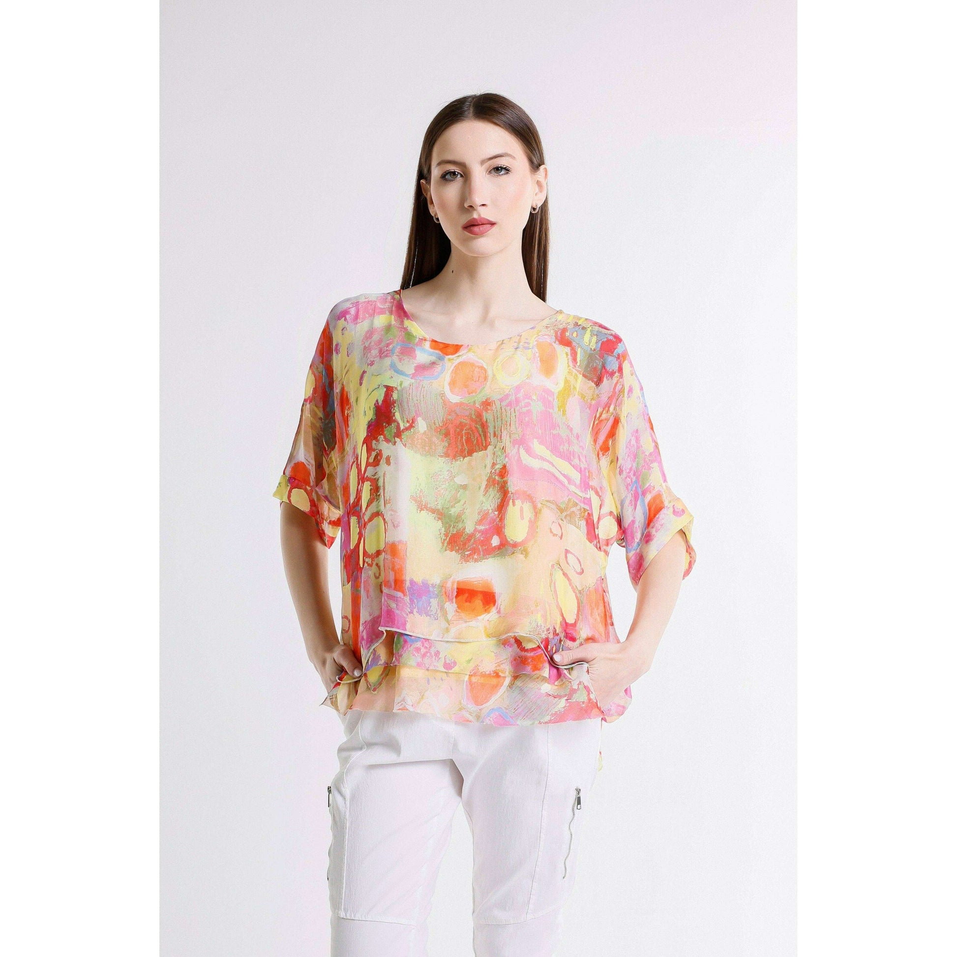 TINA STEPHENS ITALY Adriana Splatter 3/4 Sleeve Silk Double Raw Edge Top Daffodil, CLOTHING, TINA Stephens Italy/Tees By Tina, Plum Bottom