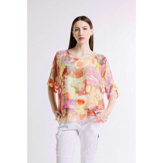 [TINA Stephens Italy/Tees By Tina - Adriana Splatter 3/4 Slv Silk Double Raw Edge Top (BQ209P): 725 Daffodil / One Size], [CLOTHING], [TINA Stephens Italy/Tees By Tina], [Plum Bottom].