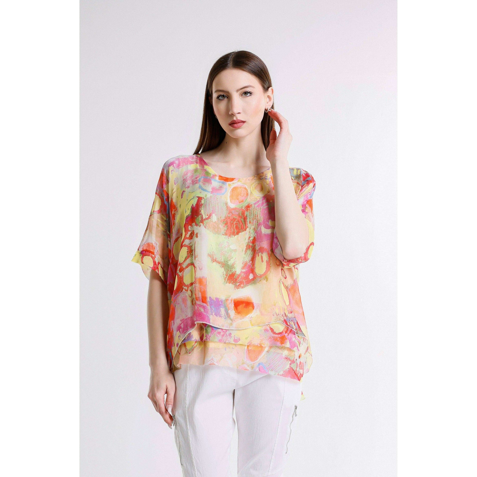TINA STEPHENS ITALY Adriana Splatter 3/4 Sleeve Silk Double Raw Edge Top Daffodil, CLOTHING, TINA Stephens Italy/Tees By Tina, Plum Bottom