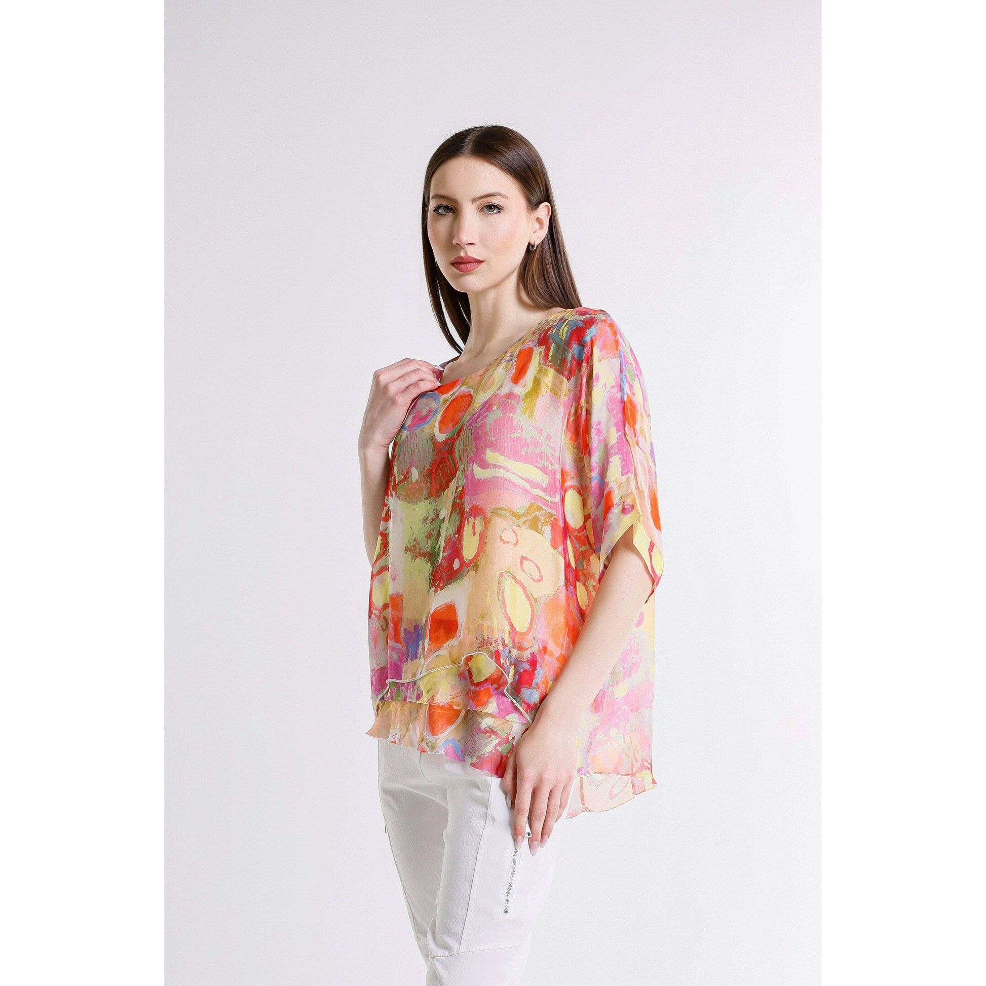 TINA STEPHENS ITALY Adriana Splatter 3/4 Sleeve Silk Double Raw Edge Top Daffodil, CLOTHING, TINA Stephens Italy/Tees By Tina, Plum Bottom