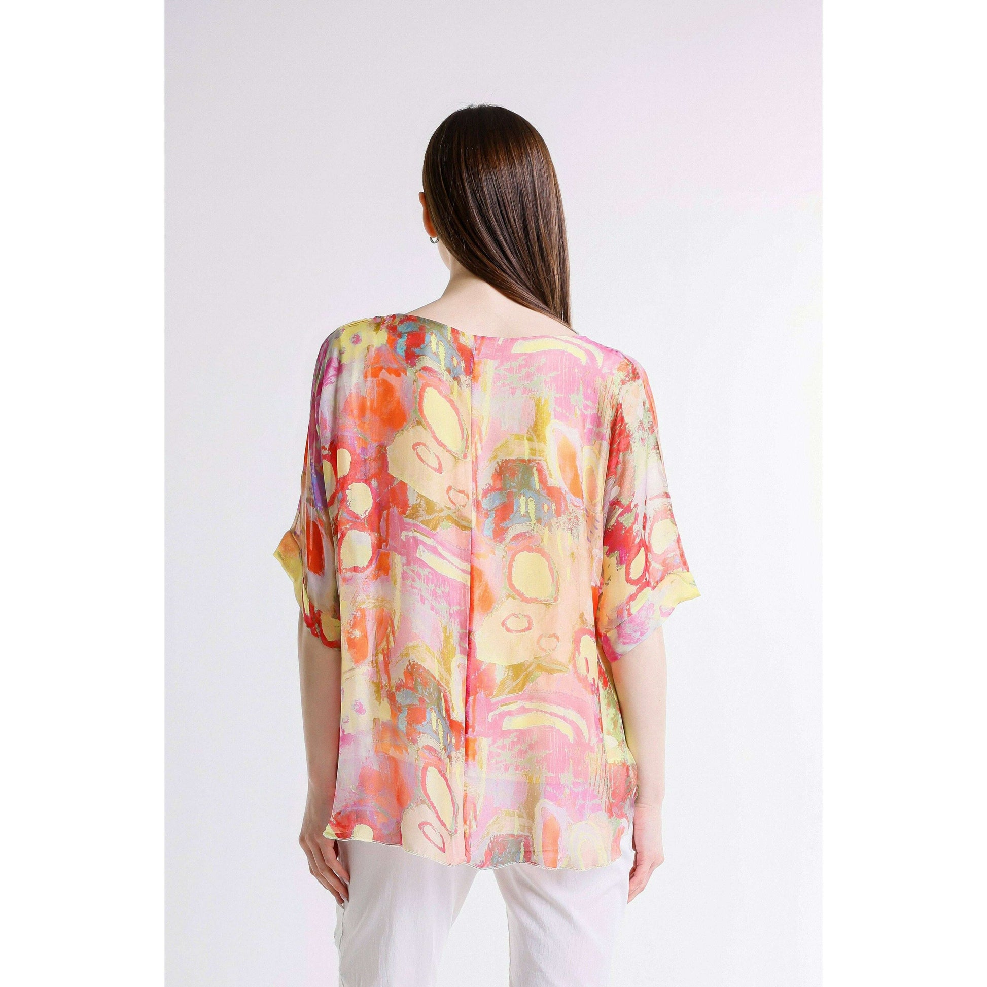 TINA STEPHENS ITALY Adriana Splatter 3/4 Sleeve Silk Double Raw Edge Top Daffodil, CLOTHING, TINA Stephens Italy/Tees By Tina, Plum Bottom