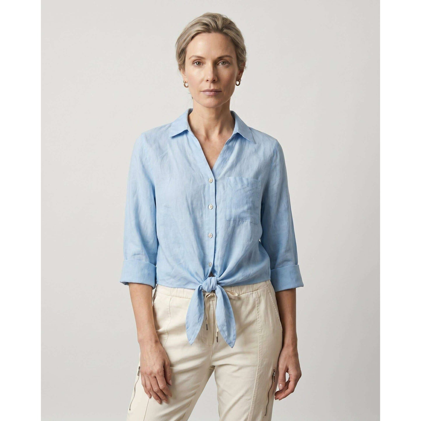 TINA STEPHENS ITALY Alejandra Linen Tie Front Top Sky Blue, CLOTHING, TINA Stephens Italy/Tees By Tina, Plum Bottom