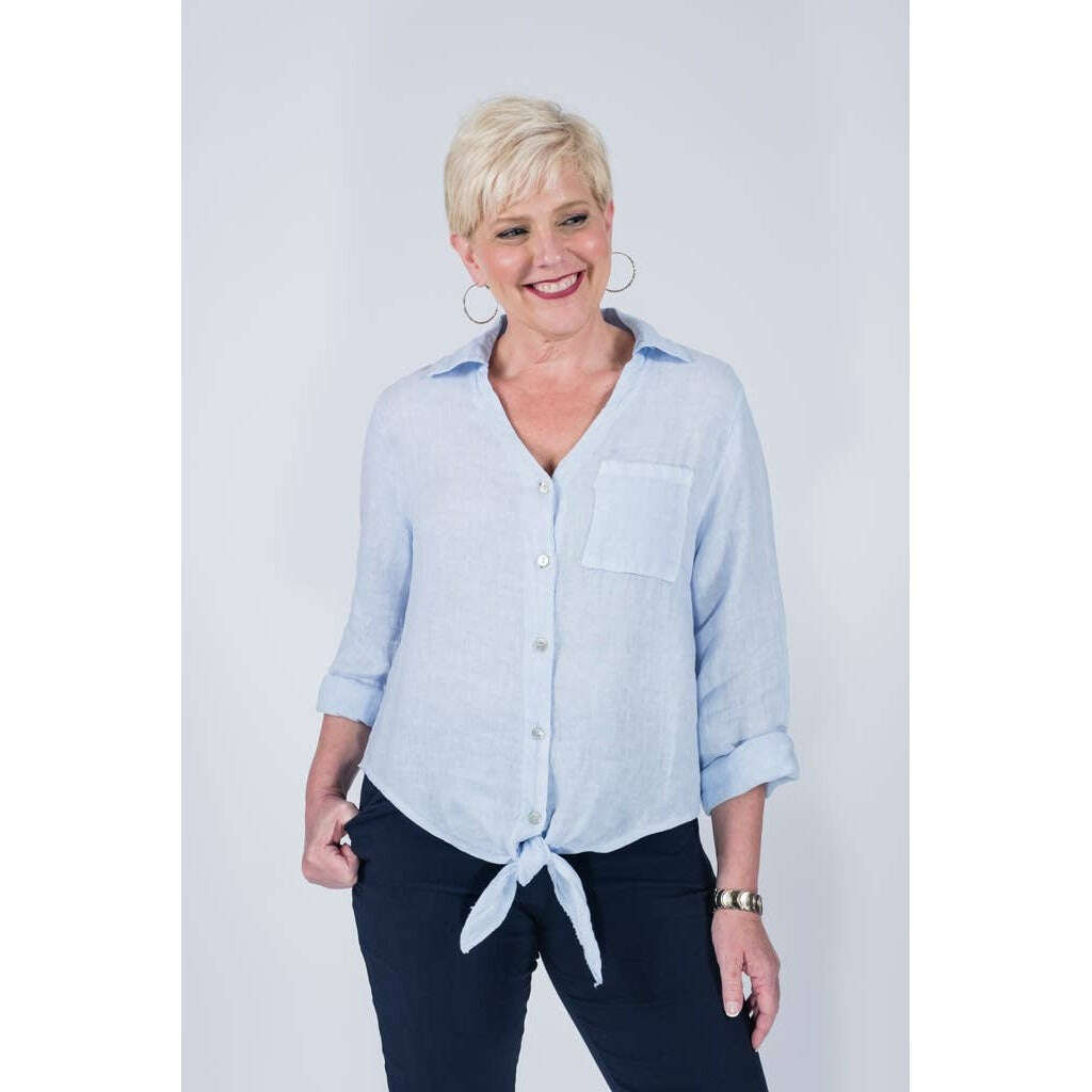 TINA STEPHENS ITALY Alejandra Linen Tie Front Top Sky Blue, CLOTHING, TINA Stephens Italy/Tees By Tina, Plum Bottom