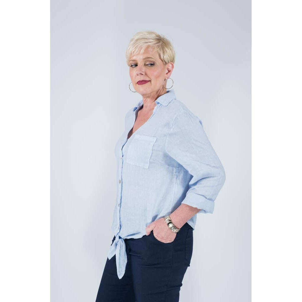 TINA STEPHENS ITALY Alejandra Linen Tie Front Top Sky Blue, CLOTHING, TINA Stephens Italy/Tees By Tina, Plum Bottom
