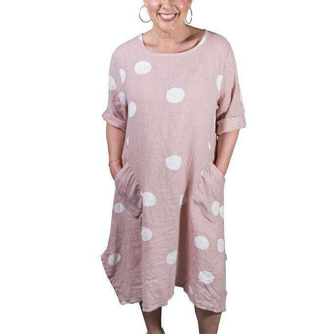 [TINA Stephens Italy/Tees By Tina - April Spotted Pocket Dress (DSS165): 681 Blush], [], [TINA Stephens Italy/Tees By Tina], [Plum Bottom].