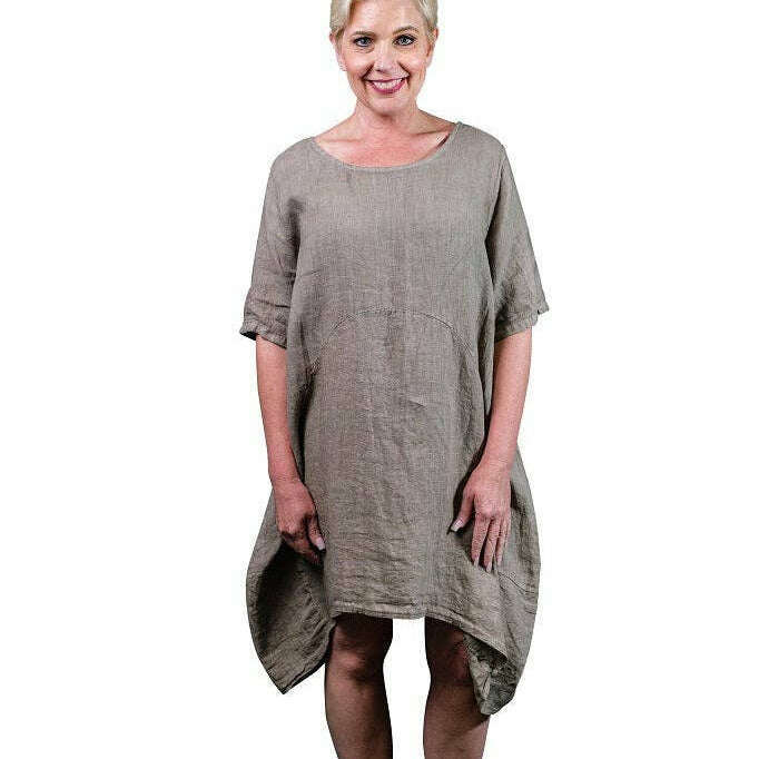 [TINA Stephens Italy/Tees By Tina - Avery Linen Dress (DSS111): 210 Taupe], [], [TINA Stephens Italy/Tees By Tina], [Plum Bottom].