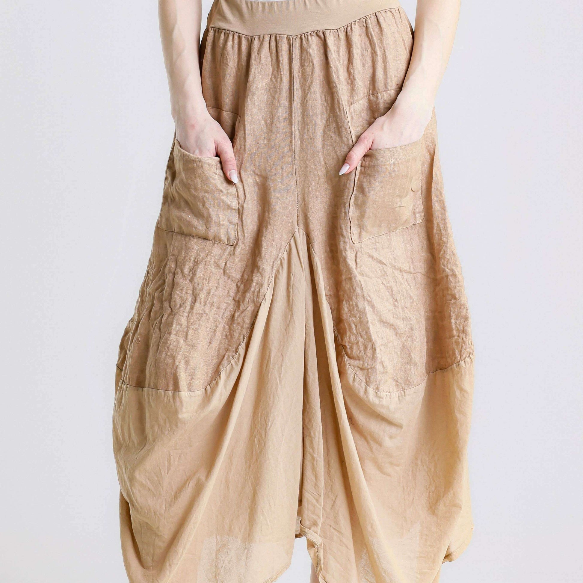 [TINA Stephens Italy/Tees By Tina - Brenna Cotton/Linen Bunched Pocket Skirt (SL102W): 258 Camel], [], [TINA Stephens Italy/Tees By Tina], [Plum Bottom].