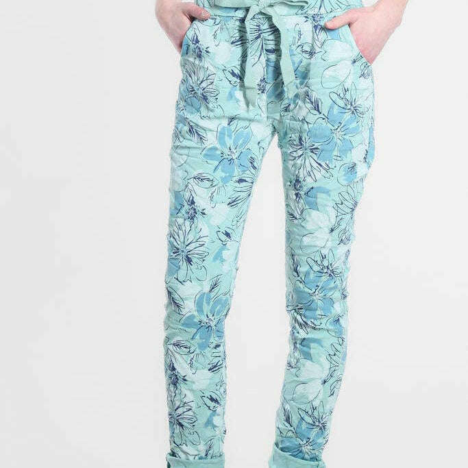 [TINA Stephens Italy/Tees By Tina - Collins Sketch Floral Stretch Tie Waist Pant (PL160K): 442 Aqua], [], [TINA Stephens Italy/Tees By Tina], [Plum Bottom].