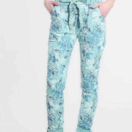 [TINA Stephens Italy/Tees By Tina - Collins Sketch Floral Stretch Tie Waist Pant (PL160K): 442 Aqua], [], [TINA Stephens Italy/Tees By Tina], [Plum Bottom].
