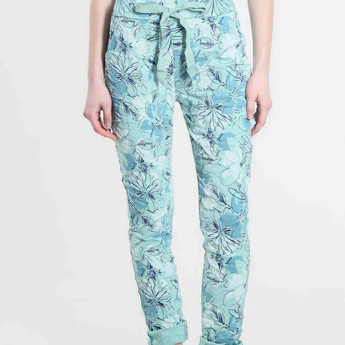 [TINA Stephens Italy/Tees By Tina - Collins Sketch Floral Stretch Tie Waist Pant (PL160K): 442 Aqua], [], [TINA Stephens Italy/Tees By Tina], [Plum Bottom].