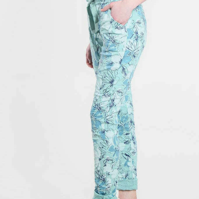 [TINA Stephens Italy/Tees By Tina - Collins Sketch Floral Stretch Tie Waist Pant (PL160K): 442 Aqua], [], [TINA Stephens Italy/Tees By Tina], [Plum Bottom].