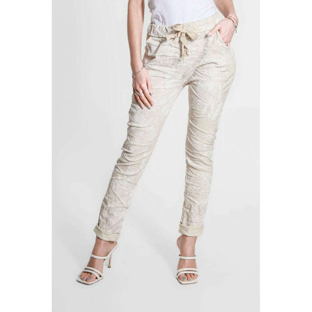 TINA STEPHENS ITALY Collins Tonal Splotch Stretch Tie Waist Pant Beige, CLOTHING, TINA Stephens Italy/Tees By Tina, Plum Bottom