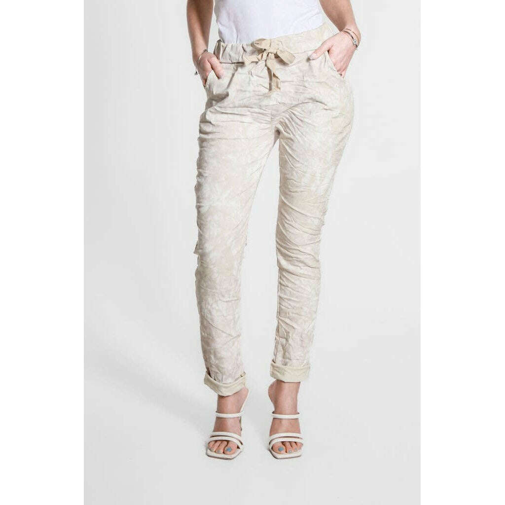 TINA STEPHENS ITALY Collins Tonal Splotch Stretch Tie Waist Pant Beige, CLOTHING, TINA Stephens Italy/Tees By Tina, Plum Bottom