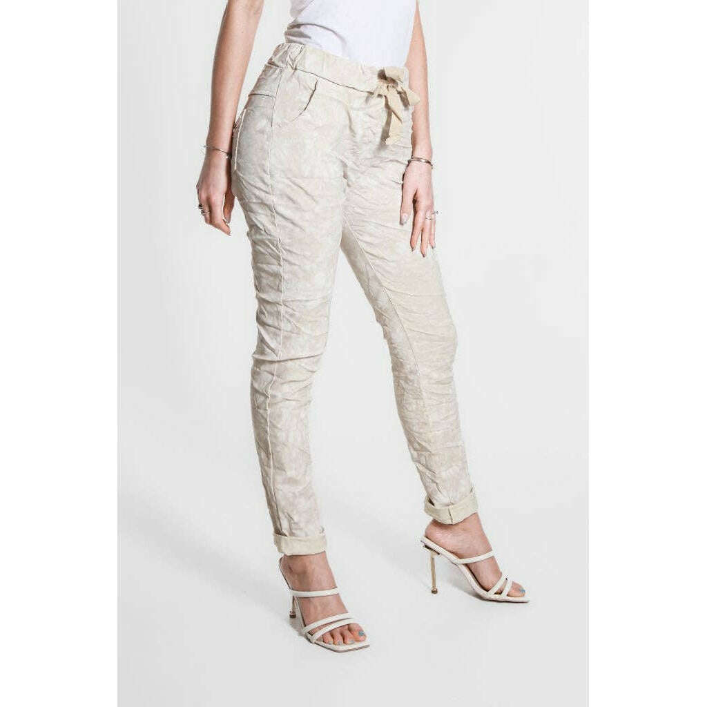 TINA STEPHENS ITALY Collins Tonal Splotch Stretch Tie Waist Pant Beige, CLOTHING, TINA Stephens Italy/Tees By Tina, Plum Bottom