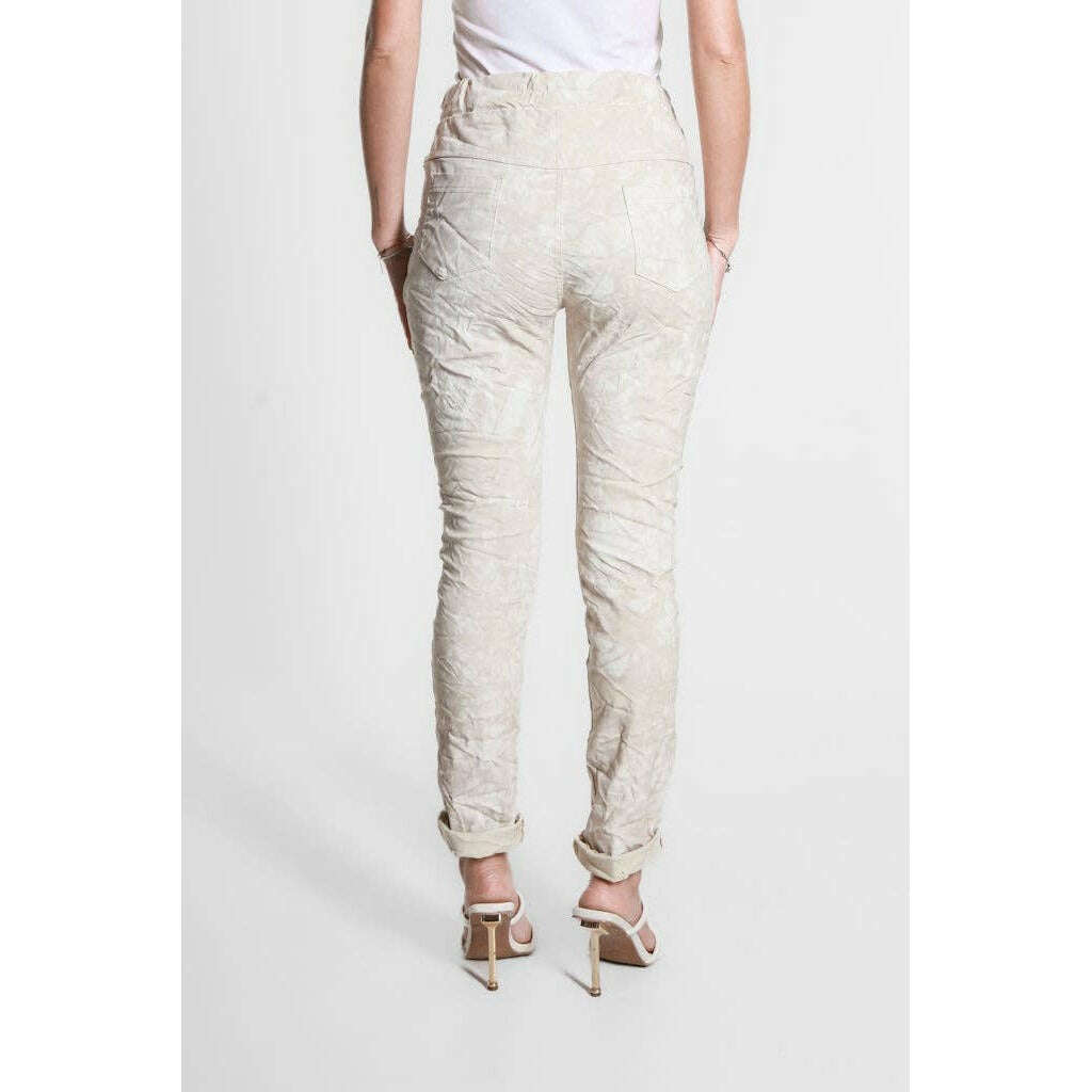 TINA STEPHENS ITALY Collins Tonal Splotch Stretch Tie Waist Pant Beige, CLOTHING, TINA Stephens Italy/Tees By Tina, Plum Bottom