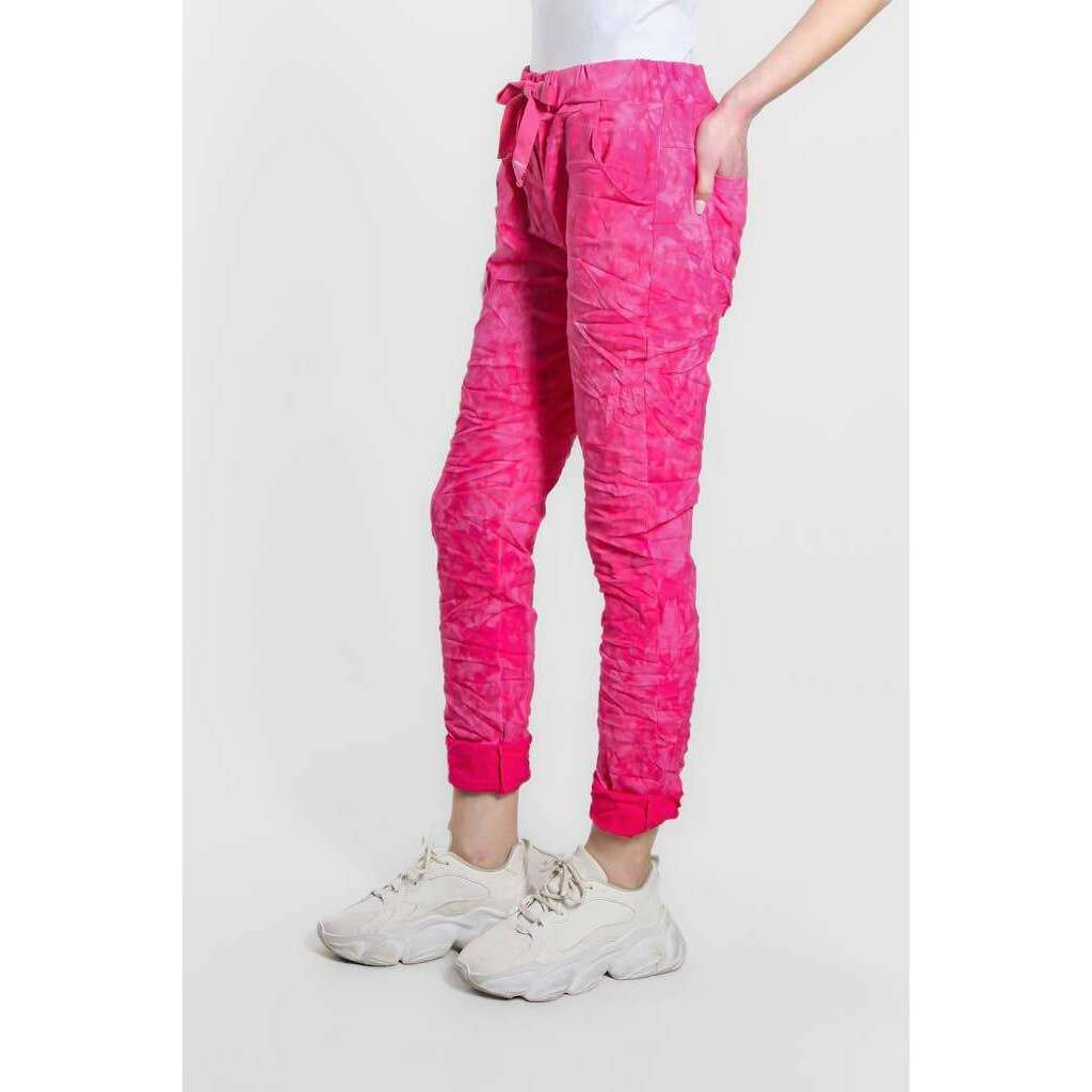 [TINA Stephens Italy/Tees By Tina - Collins Tonal Splotch Stretch Tie Waist Pant (PL160T): 672 Fuchsia], [], [TINA Stephens Italy/Tees By Tina], [Plum Bottom].