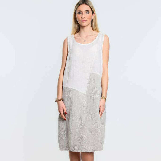 [TINA Stephens Italy/Tees By Tina - Donna Leaf Jacquard Insert Linen Dress (DT123J): 109 Natural], [CLOTHING], [TINA Stephens Italy/Tees By Tina], [Plum Bottom].