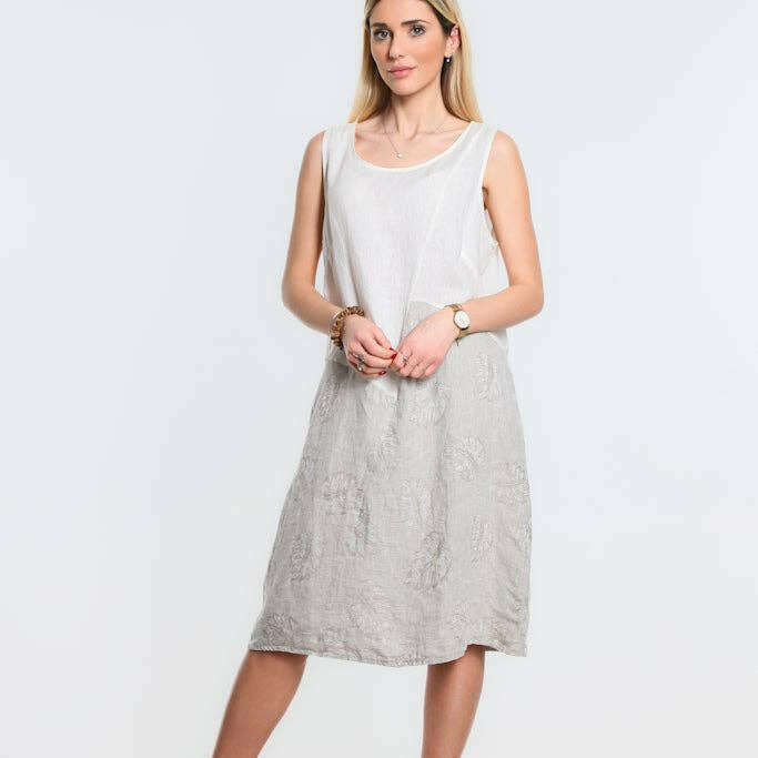 [TINA Stephens Italy/Tees By Tina - Donna Leaf Jacquard Insert Linen Dress (DT123J): 109 Natural], [CLOTHING], [TINA Stephens Italy/Tees By Tina], [Plum Bottom].