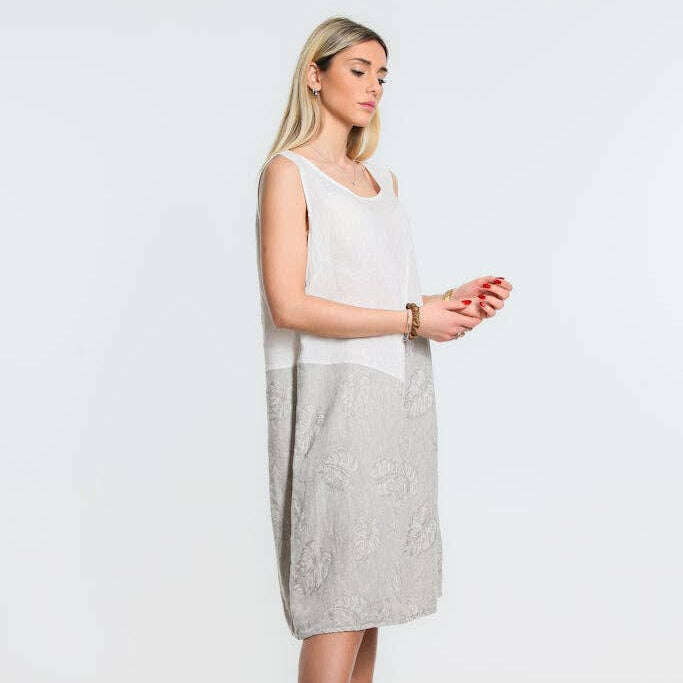 [TINA Stephens Italy/Tees By Tina - Donna Leaf Jacquard Insert Linen Dress (DT123J): 109 Natural], [CLOTHING], [TINA Stephens Italy/Tees By Tina], [Plum Bottom].