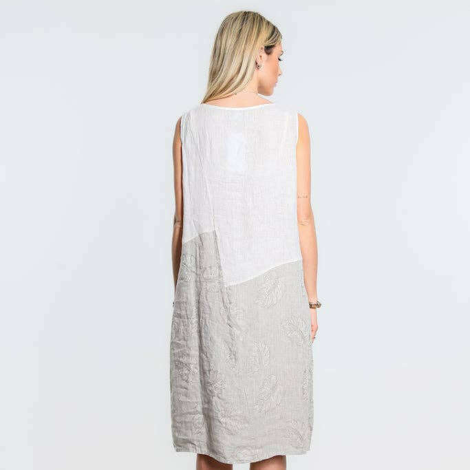 [TINA Stephens Italy/Tees By Tina - Donna Leaf Jacquard Insert Linen Dress (DT123J): 109 Natural], [CLOTHING], [TINA Stephens Italy/Tees By Tina], [Plum Bottom].