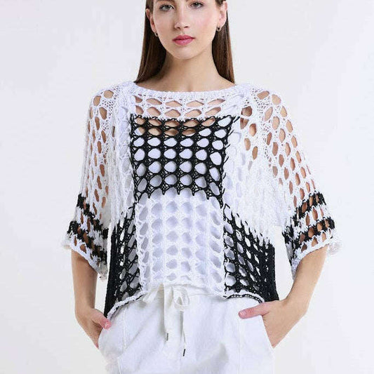 [TINA Stephens Italy/Tees By Tina - Doris Ballet Slv 2 Tone Square Knit (BQ906): 100 White/Black / One Size], [], [TINA Stephens Italy/Tees By Tina], [Plum Bottom].