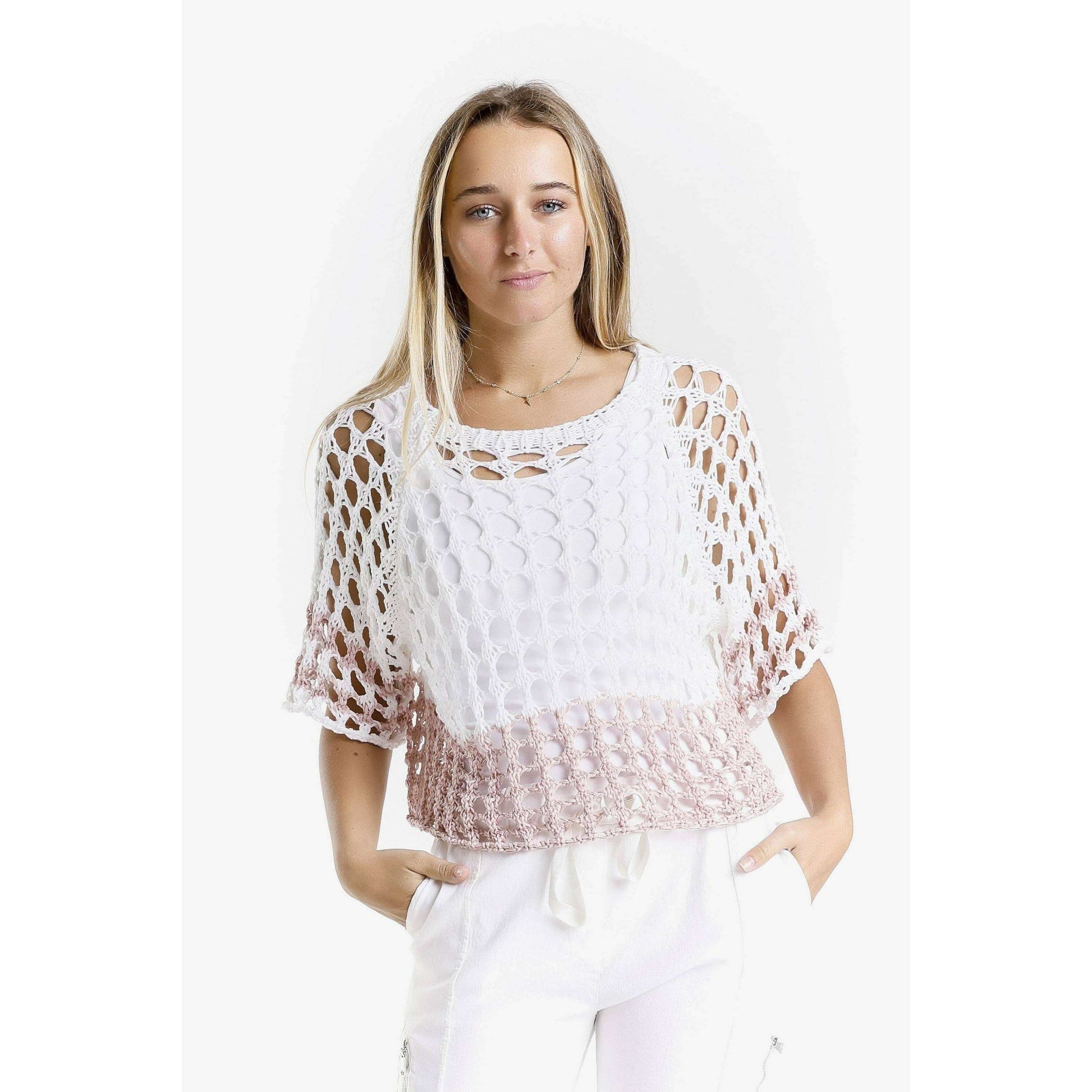 [TINA Stephens Italy/Tees By Tina - Doris Banded Ballet Sleeve 2-Tone Knit Sweater (BQ906B): 681 Blush/White / One Size], [], [TINA Stephens Italy/Tees By Tina], [Plum Bottom].