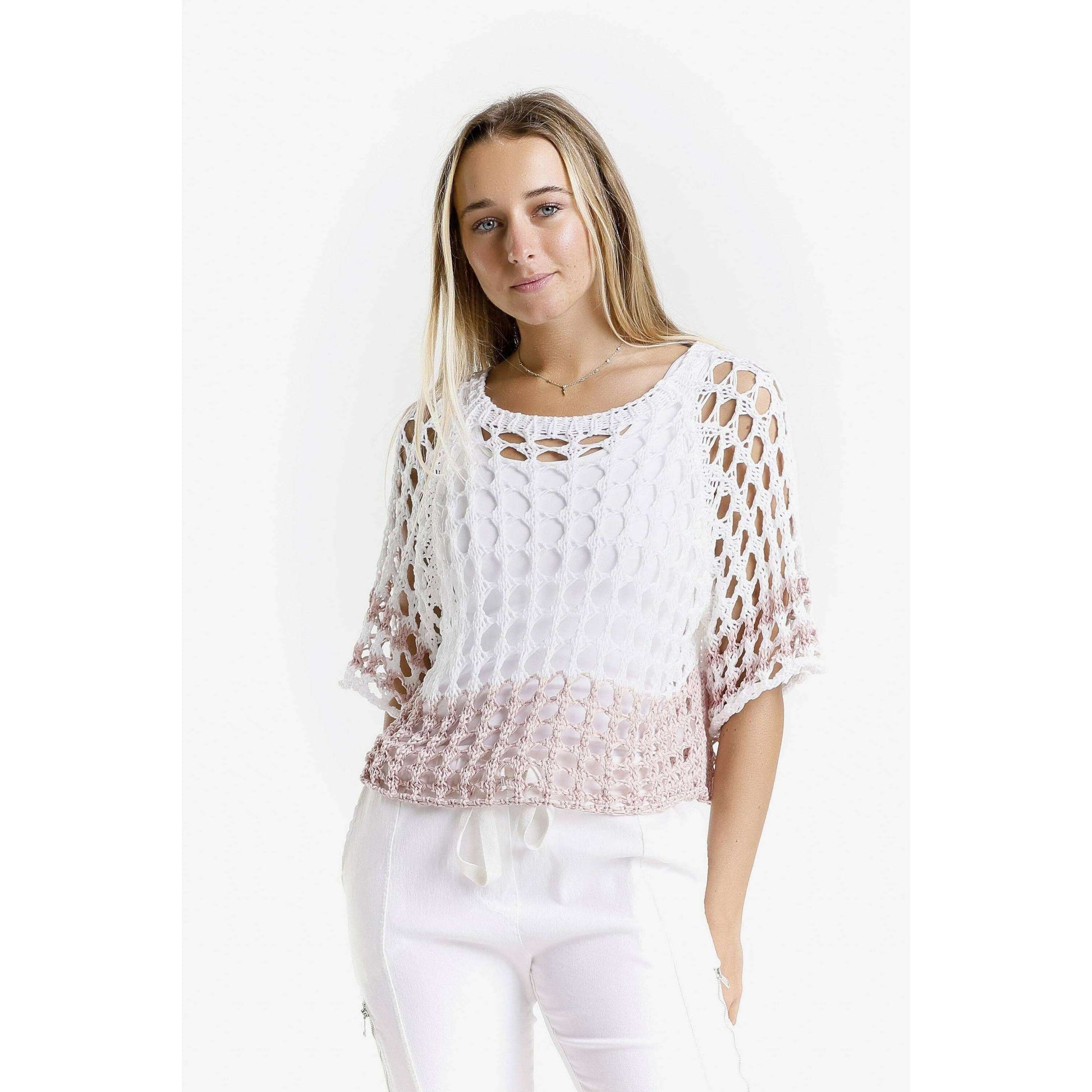 [TINA Stephens Italy/Tees By Tina - Doris Banded Ballet Sleeve 2-Tone Knit Sweater (BQ906B): 681 Blush/White / One Size], [], [TINA Stephens Italy/Tees By Tina], [Plum Bottom].