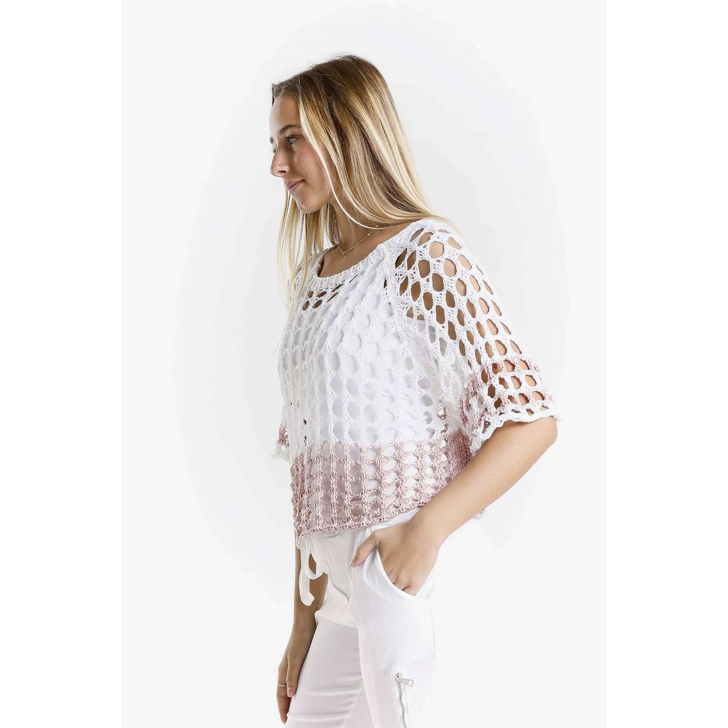[TINA Stephens Italy/Tees By Tina - Doris Banded Ballet Sleeve 2-Tone Knit Sweater (BQ906B): 681 Blush/White / One Size], [], [TINA Stephens Italy/Tees By Tina], [Plum Bottom].