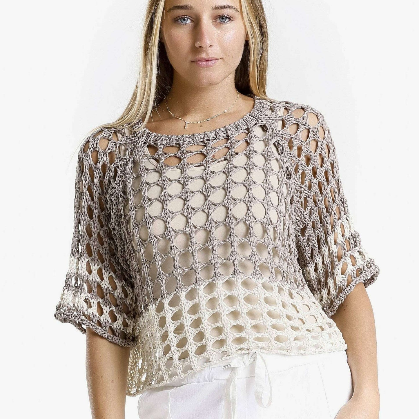 [TINA Stephens Italy/Tees By Tina - Doris Banded Ballet Sleeve 2-Tone Knit Sweater (BQ906B): 210 Taupe/Sand / One Size], [], [TINA Stephens Italy/Tees By Tina], [Plum Bottom].