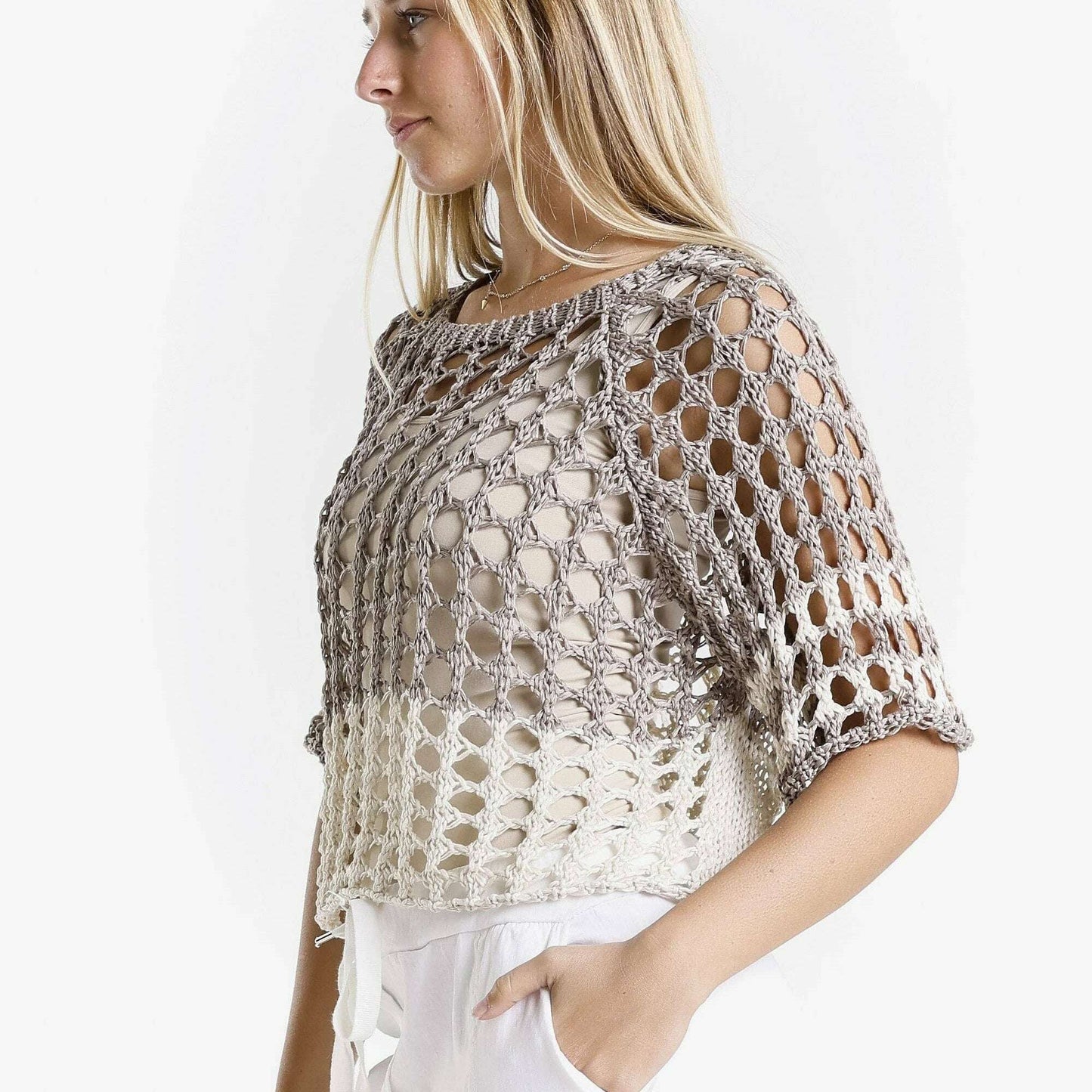 [TINA Stephens Italy/Tees By Tina - Doris Banded Ballet Sleeve 2-Tone Knit Sweater (BQ906B): 210 Taupe/Sand / One Size], [], [TINA Stephens Italy/Tees By Tina], [Plum Bottom].
