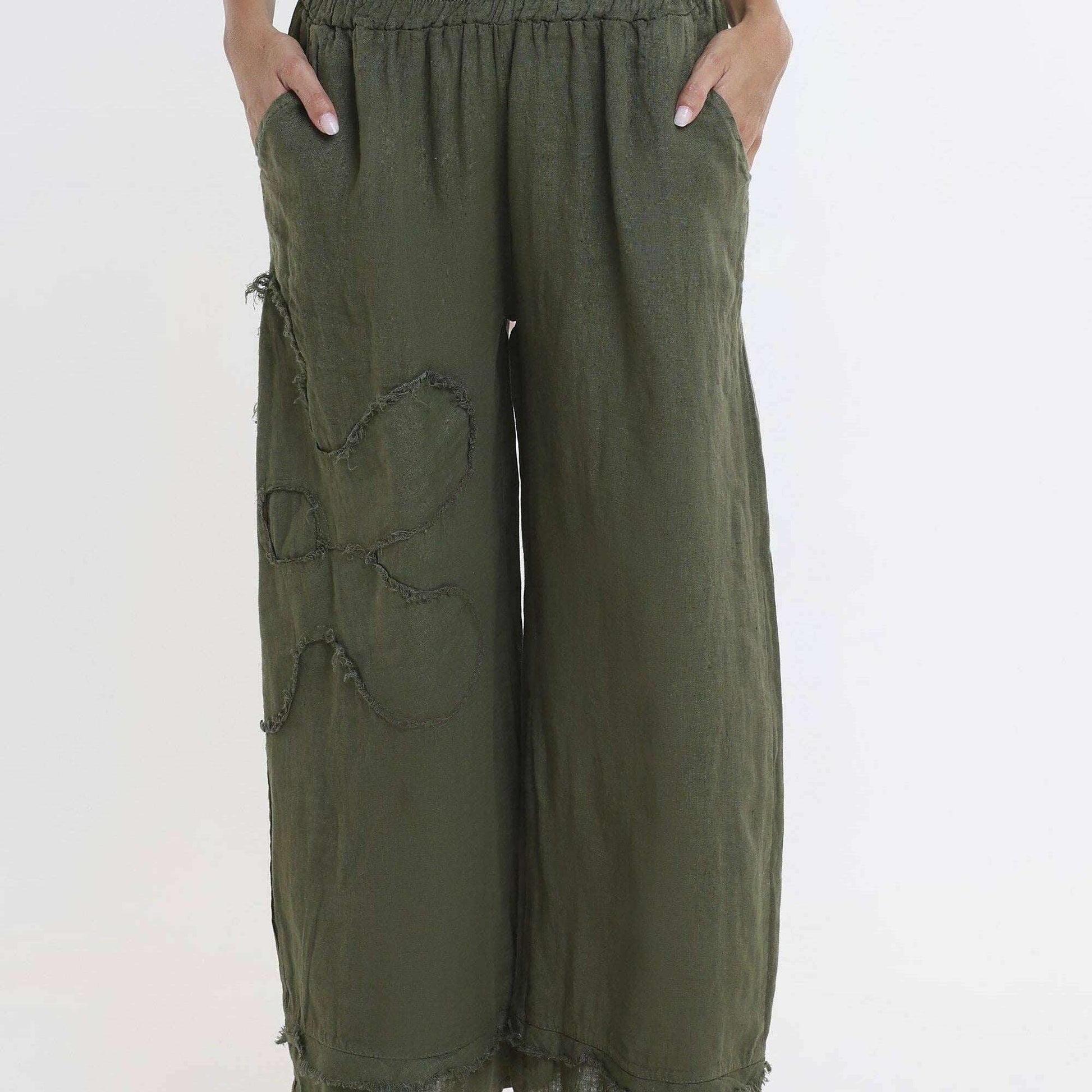 [TINA Stephens Italy/Tees By Tina - Flower Yvette Raw Edge Linen Pant (PL197F): 303 Army / One Size], [], [TINA Stephens Italy/Tees By Tina], [Plum Bottom].
