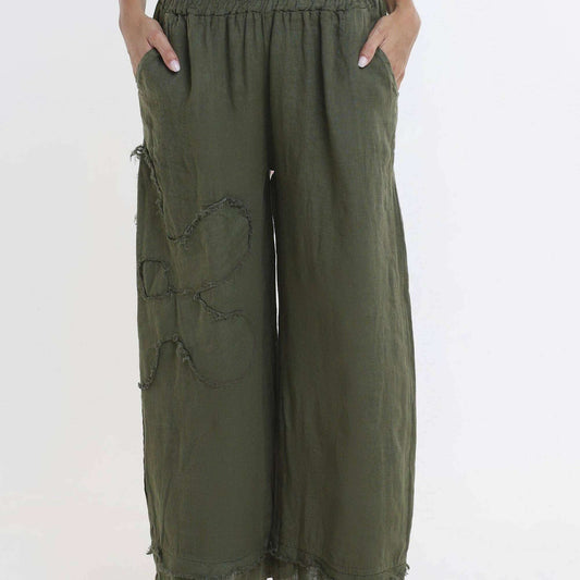 [TINA Stephens Italy/Tees By Tina - Flower Yvette Raw Edge Linen Pant (PL197F): 303 Army / One Size], [], [TINA Stephens Italy/Tees By Tina], [Plum Bottom].