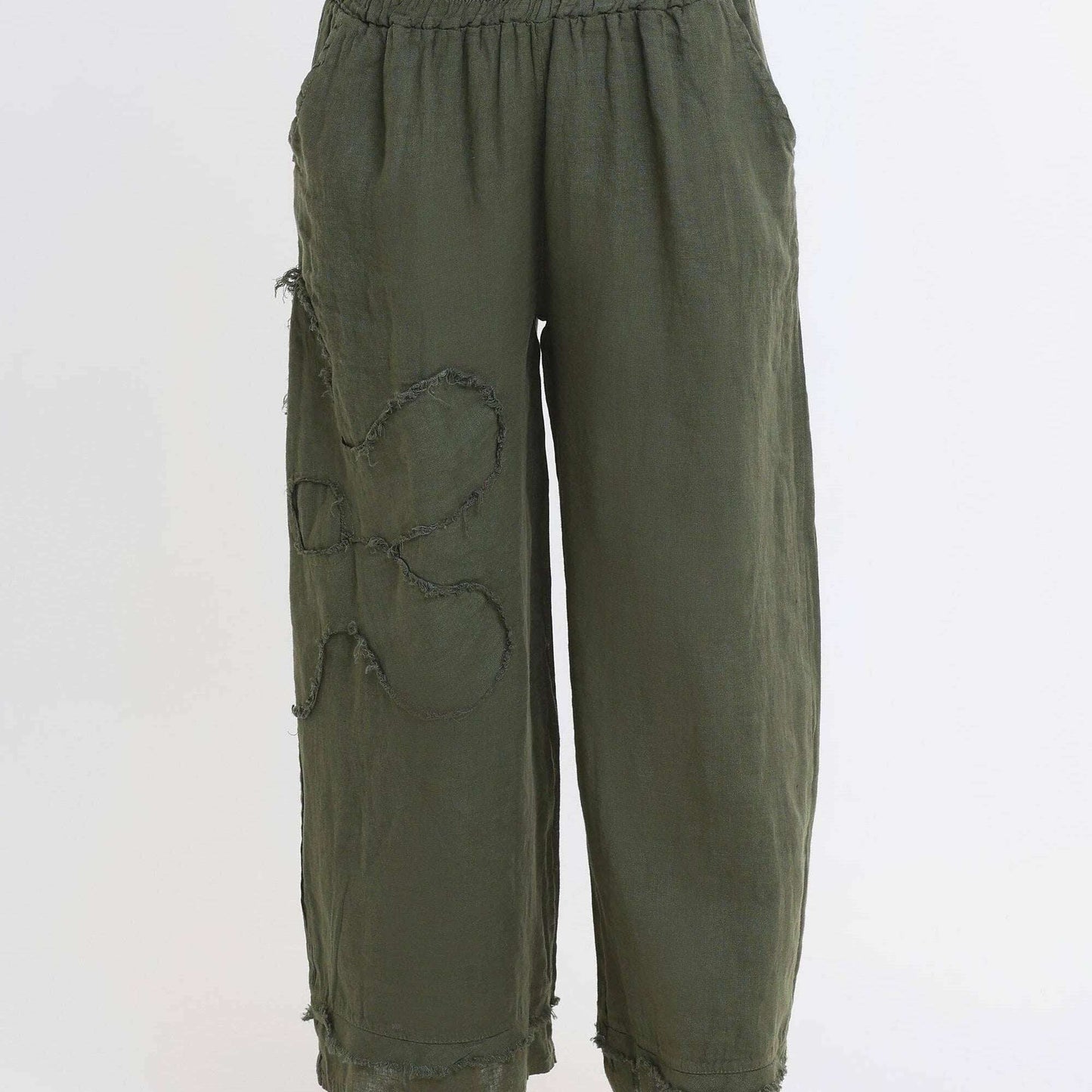 [TINA Stephens Italy/Tees By Tina - Flower Yvette Raw Edge Linen Pant (PL197F): 303 Army / One Size], [], [TINA Stephens Italy/Tees By Tina], [Plum Bottom].