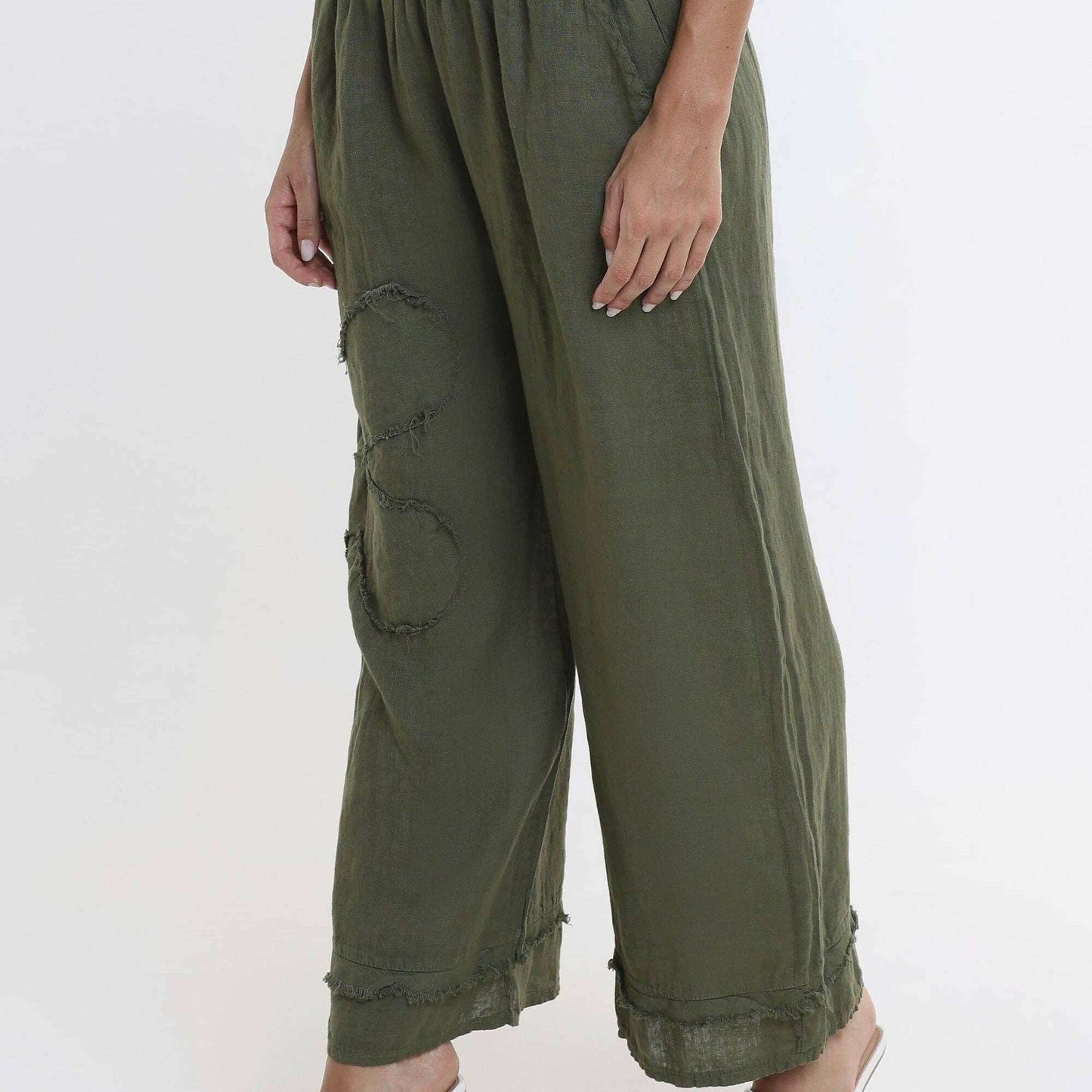 [TINA Stephens Italy/Tees By Tina - Flower Yvette Raw Edge Linen Pant (PL197F): 303 Army / One Size], [], [TINA Stephens Italy/Tees By Tina], [Plum Bottom].