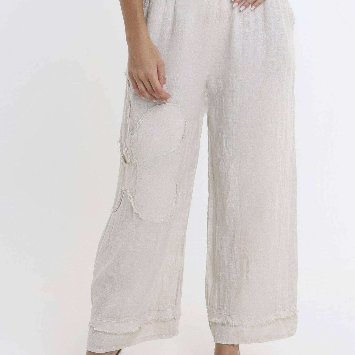 [TINA Stephens Italy/Tees By Tina - Flower Yvette Raw Edge Linen Pant (PL197F): 250 Beige / One Size], [], [TINA Stephens Italy/Tees By Tina], [Plum Bottom].