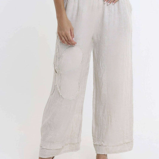 [TINA Stephens Italy/Tees By Tina - Flower Yvette Raw Edge Linen Pant (PL197F): 250 Beige / One Size], [], [TINA Stephens Italy/Tees By Tina], [Plum Bottom].