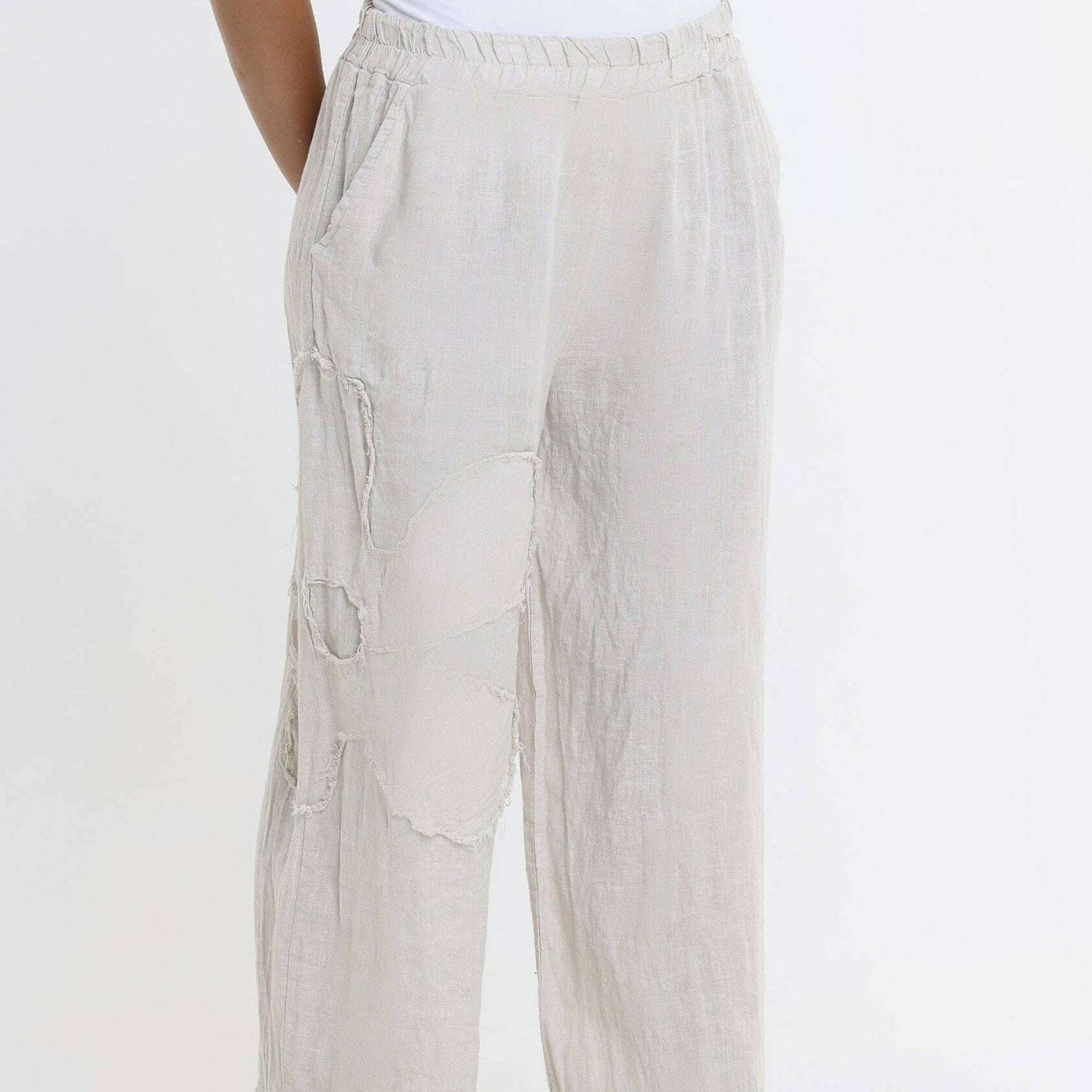 [TINA Stephens Italy/Tees By Tina - Flower Yvette Raw Edge Linen Pant (PL197F): 250 Beige / One Size], [], [TINA Stephens Italy/Tees By Tina], [Plum Bottom].