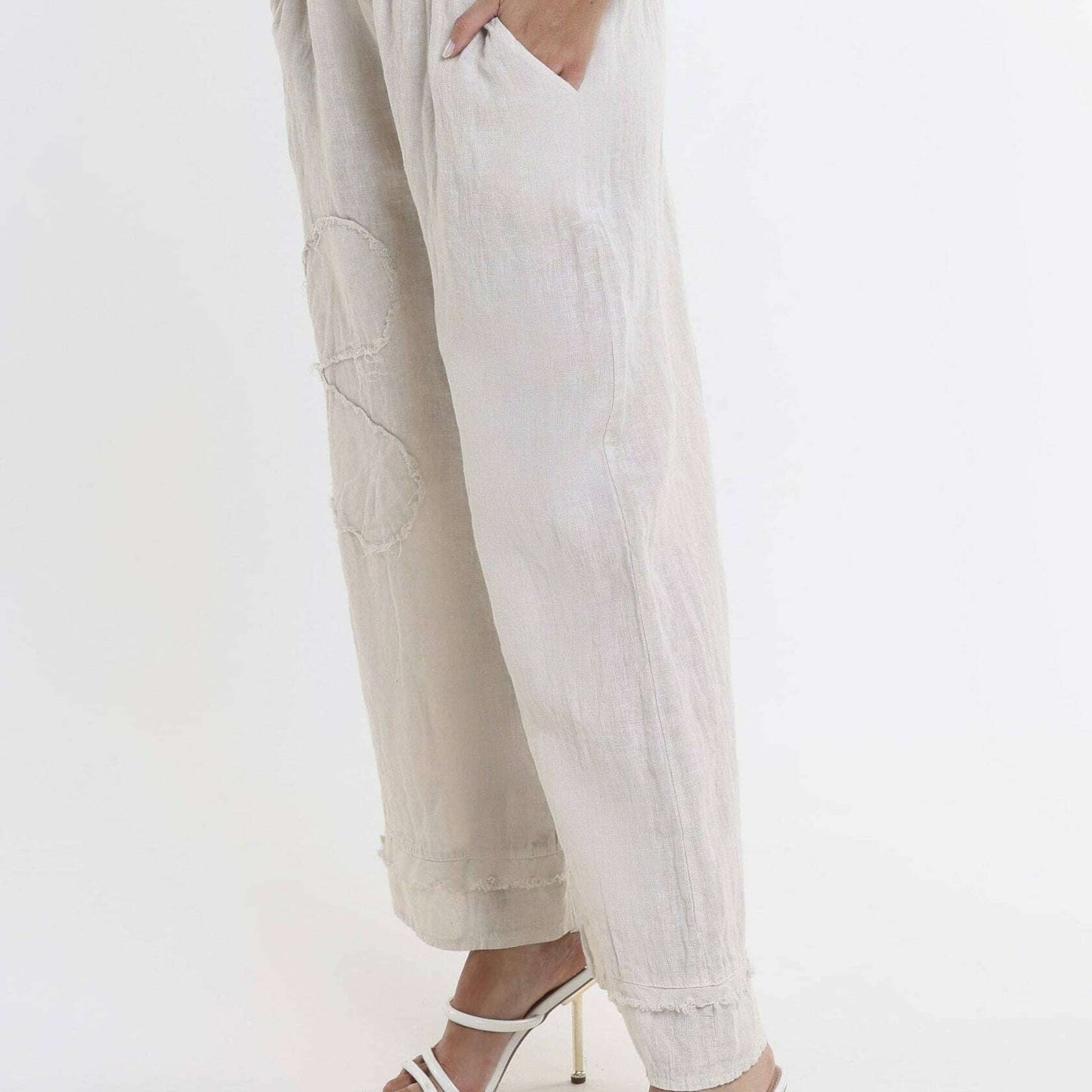 [TINA Stephens Italy/Tees By Tina - Flower Yvette Raw Edge Linen Pant (PL197F): 250 Beige / One Size], [], [TINA Stephens Italy/Tees By Tina], [Plum Bottom].