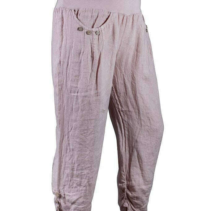 [TINA Stephens Italy/Tees By Tina - Georgia Side Ruche Linen Pant (PL163): 681 Blush / One Size], [], [TINA Stephens Italy/Tees By Tina], [Plum Bottom].