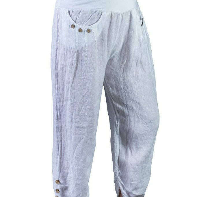 [TINA Stephens Italy/Tees By Tina - Georgia Side Ruche Linen Pant (PL163): 100 White / One Size], [], [TINA Stephens Italy/Tees By Tina], [Plum Bottom].