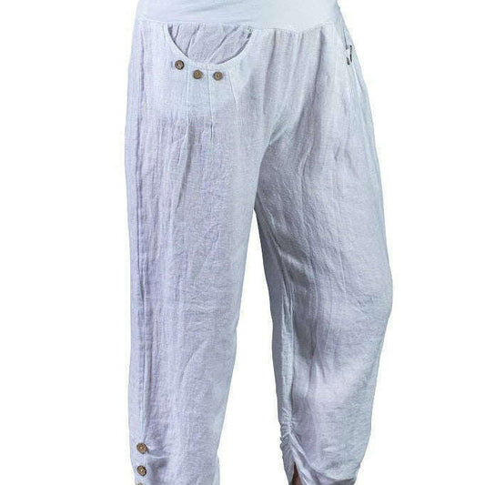 [TINA Stephens Italy/Tees By Tina - Georgia Side Ruche Linen Pant (PL163): 100 White / One Size], [], [TINA Stephens Italy/Tees By Tina], [Plum Bottom].