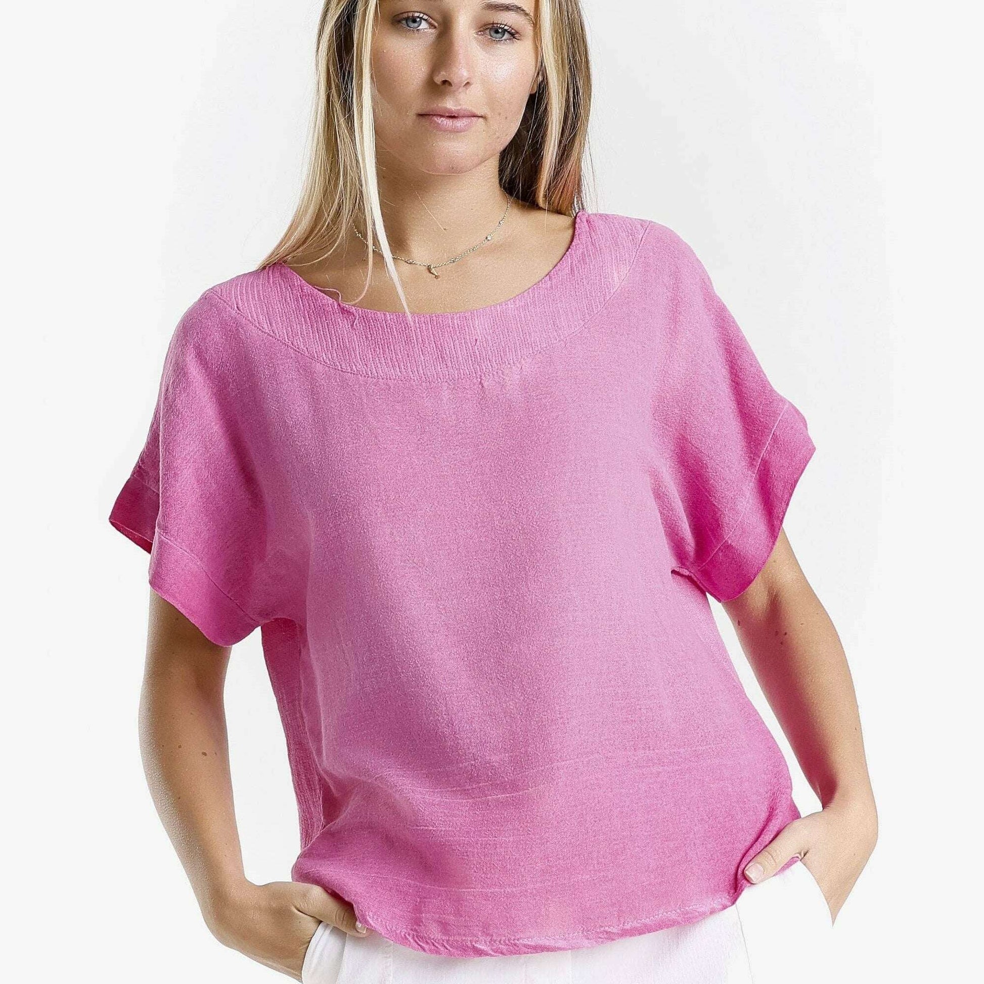 [TINA Stephens Italy/Tees By Tina - Gianna Short Sleeve Yoke Neck Top (BSS906): 673 Fuchsia Enzyme / One Size], [], [TINA Stephens Italy/Tees By Tina], [Plum Bottom].