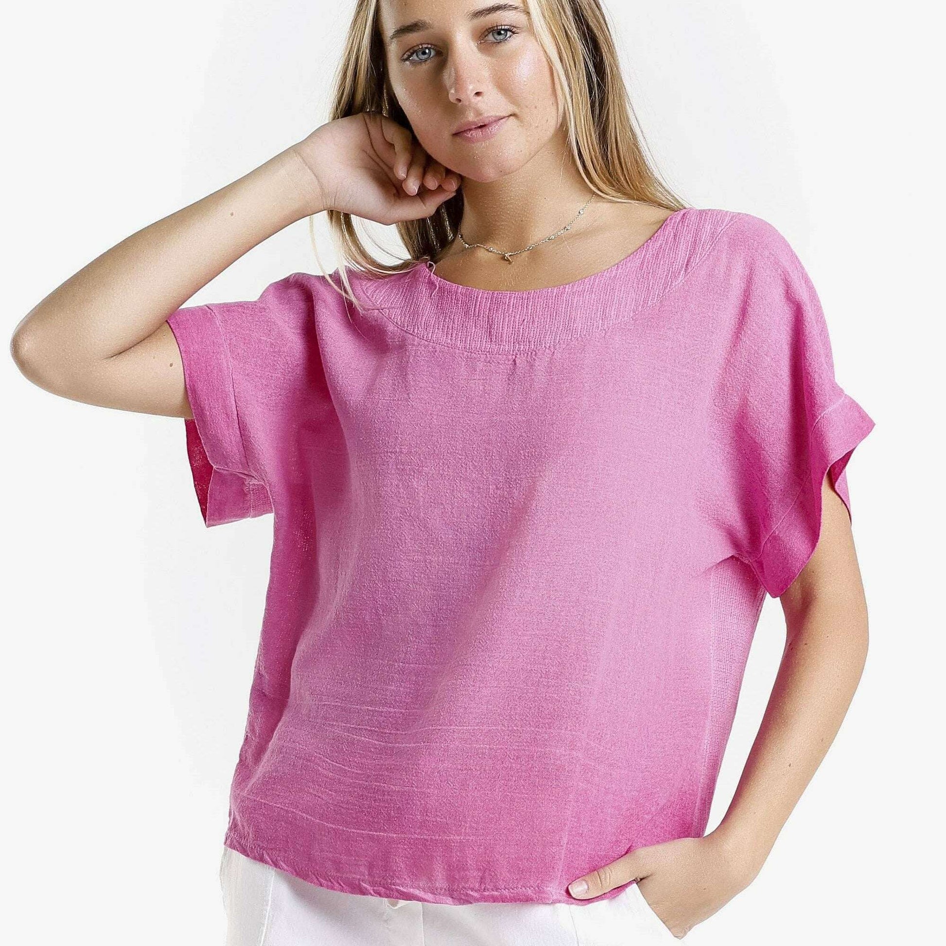 [TINA Stephens Italy/Tees By Tina - Gianna Short Sleeve Yoke Neck Top (BSS906): 673 Fuchsia Enzyme / One Size], [], [TINA Stephens Italy/Tees By Tina], [Plum Bottom].