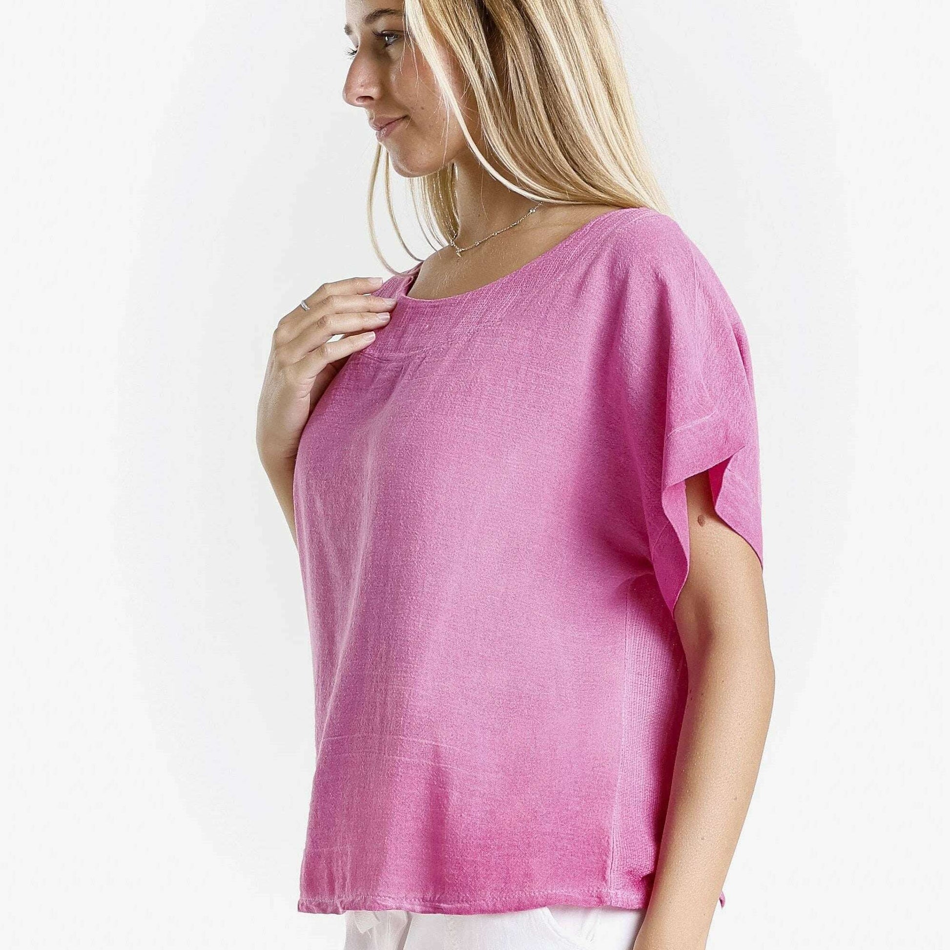 [TINA Stephens Italy/Tees By Tina - Gianna Short Sleeve Yoke Neck Top (BSS906): 673 Fuchsia Enzyme / One Size], [], [TINA Stephens Italy/Tees By Tina], [Plum Bottom].