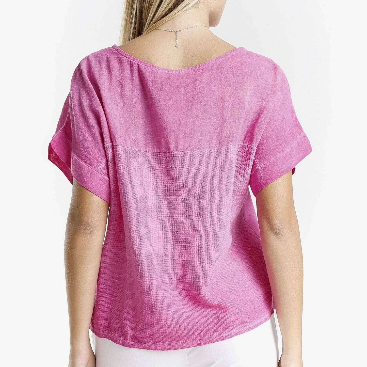 [TINA Stephens Italy/Tees By Tina - Gianna Short Sleeve Yoke Neck Top (BSS906): 673 Fuchsia Enzyme / One Size], [], [TINA Stephens Italy/Tees By Tina], [Plum Bottom].
