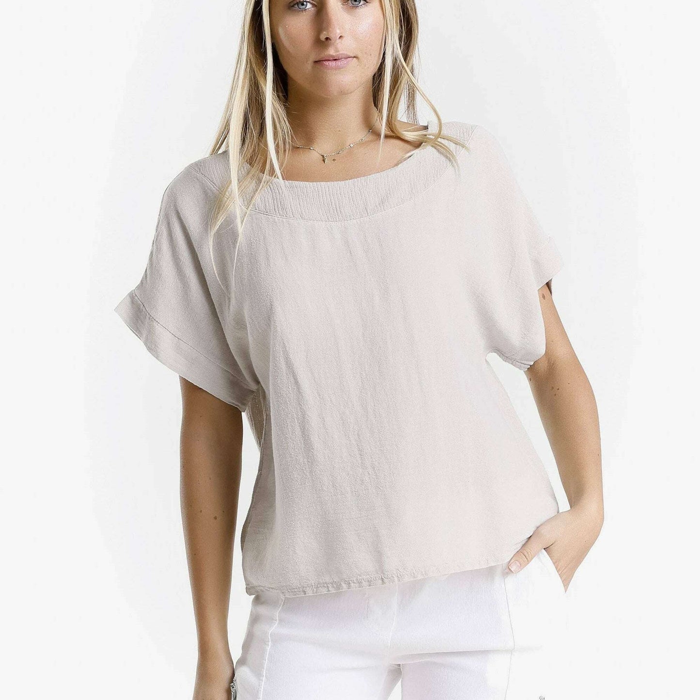 [TINA Stephens Italy/Tees By Tina - Gianna Short Sleeve Yoke Neck Top (BSS906): 230 Stone / One Size], [], [TINA Stephens Italy/Tees By Tina], [Plum Bottom].