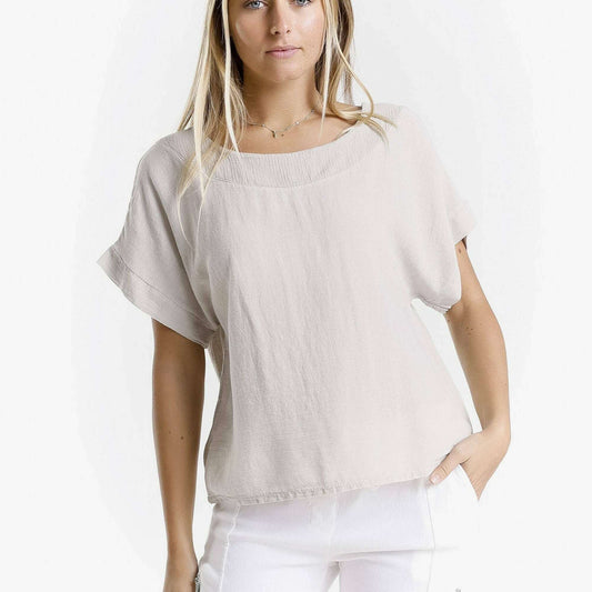 [TINA Stephens Italy/Tees By Tina - Gianna Short Sleeve Yoke Neck Top (BSS906): 230 Stone / One Size], [], [TINA Stephens Italy/Tees By Tina], [Plum Bottom].