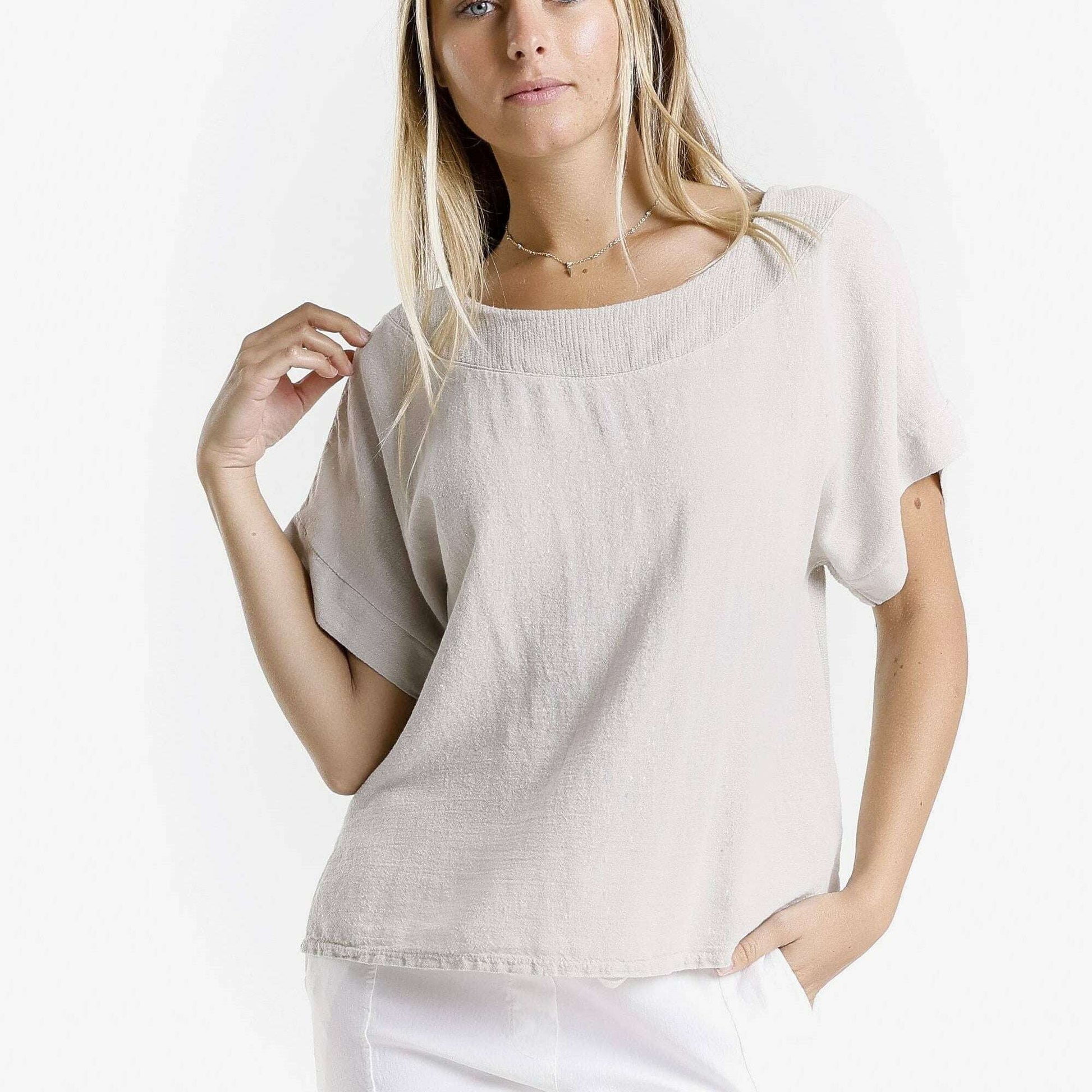 [TINA Stephens Italy/Tees By Tina - Gianna Short Sleeve Yoke Neck Top (BSS906): 230 Stone / One Size], [], [TINA Stephens Italy/Tees By Tina], [Plum Bottom].