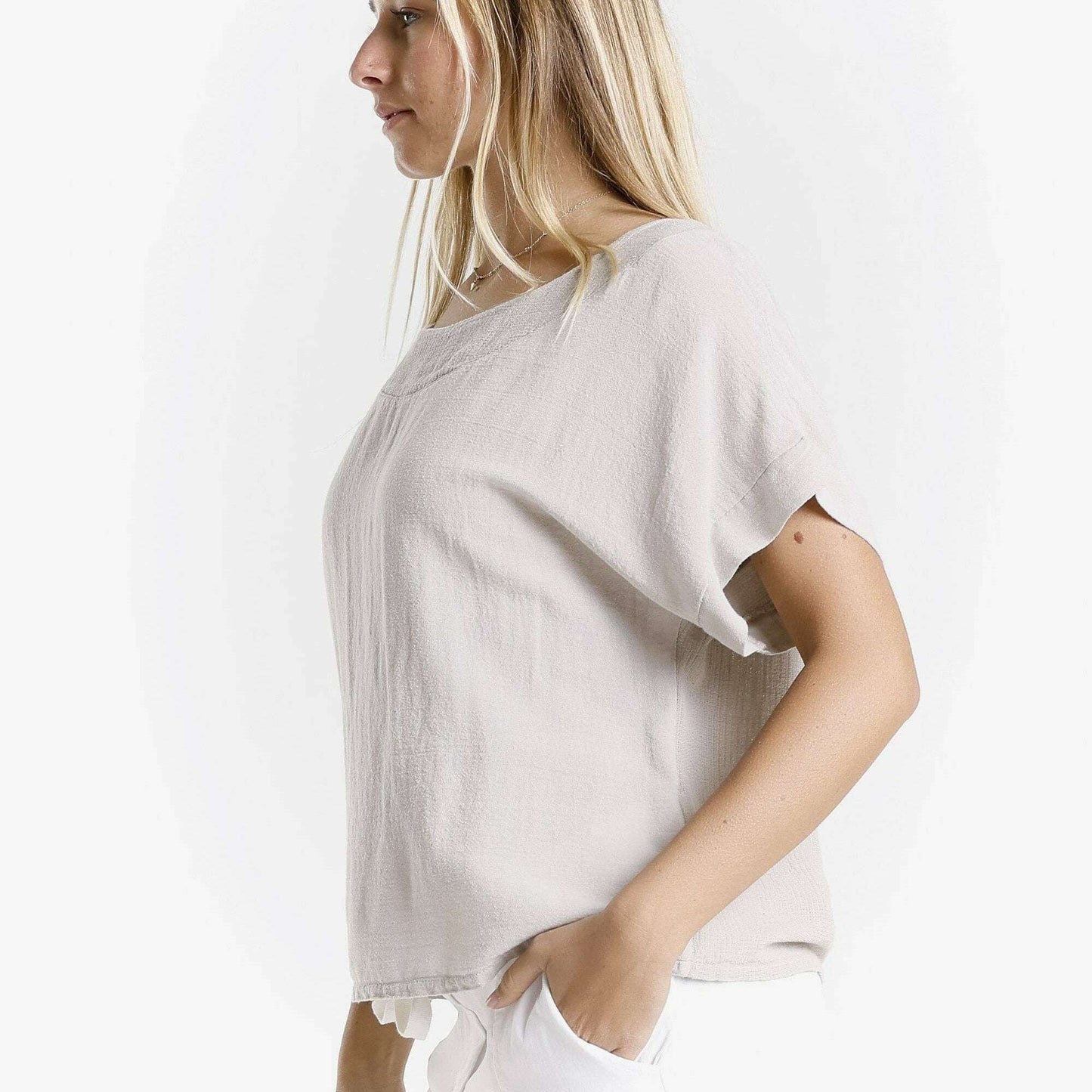[TINA Stephens Italy/Tees By Tina - Gianna Short Sleeve Yoke Neck Top (BSS906): 230 Stone / One Size], [], [TINA Stephens Italy/Tees By Tina], [Plum Bottom].